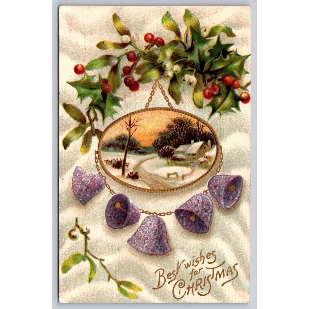 Postcard Best Wishes for Christmas Holly Purple Bells Farm Embossed Posted 1910